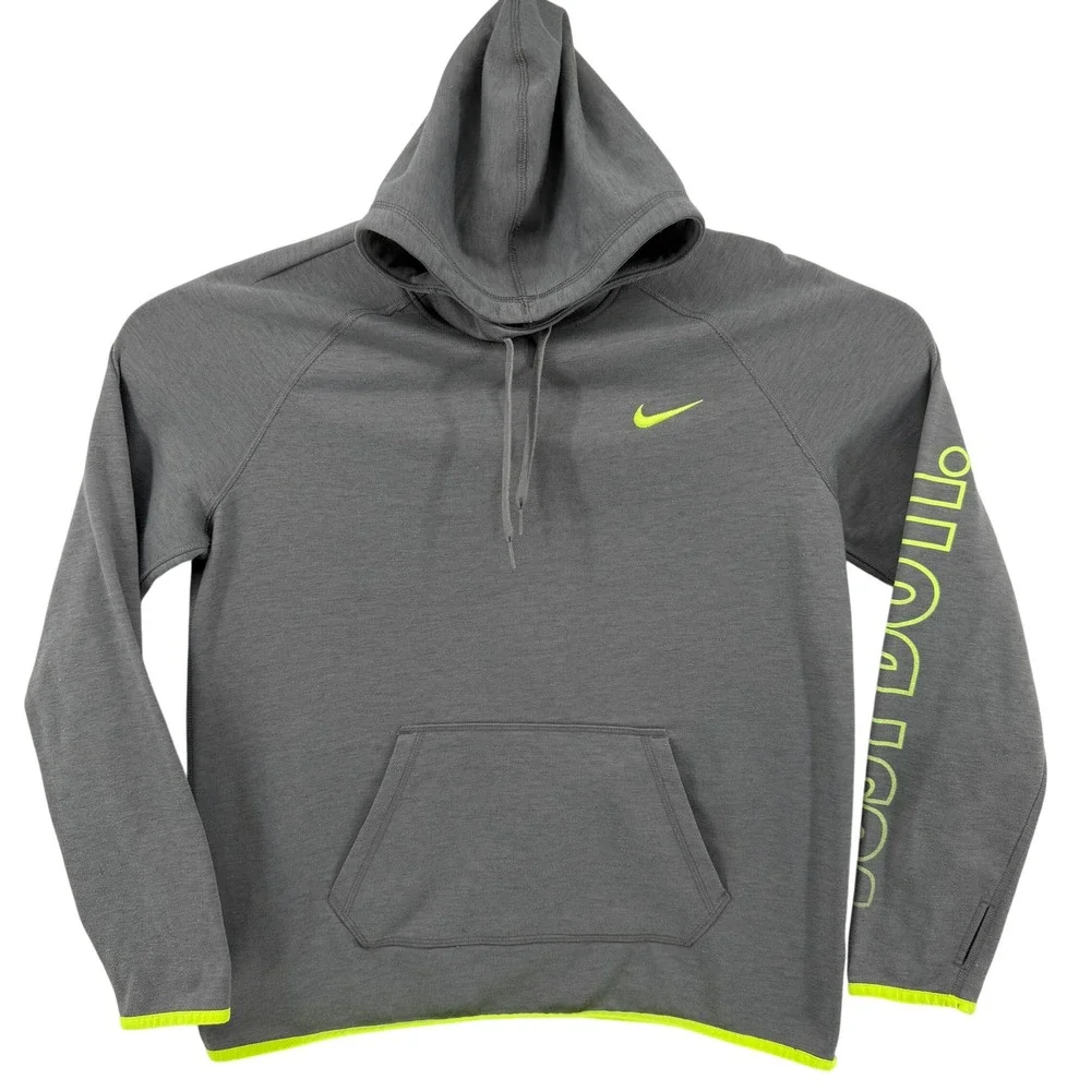 Nike Dri-FIT Pullover Hoodie Mens L Grey Neon Green Just Do It Running Gym Train